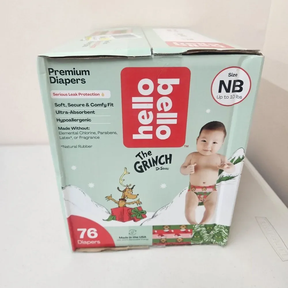 76 Cnt Hello Bello NB Diapers Up To 10lbs Max Grinch Who Stole Christmas Holiday